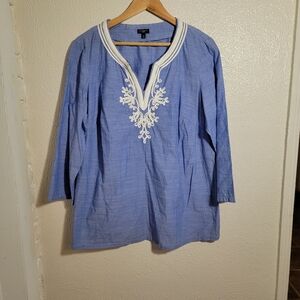 Talbots Cotton Popover Embroidered Tunic Top sz 1X Blue White Coastal Grandma